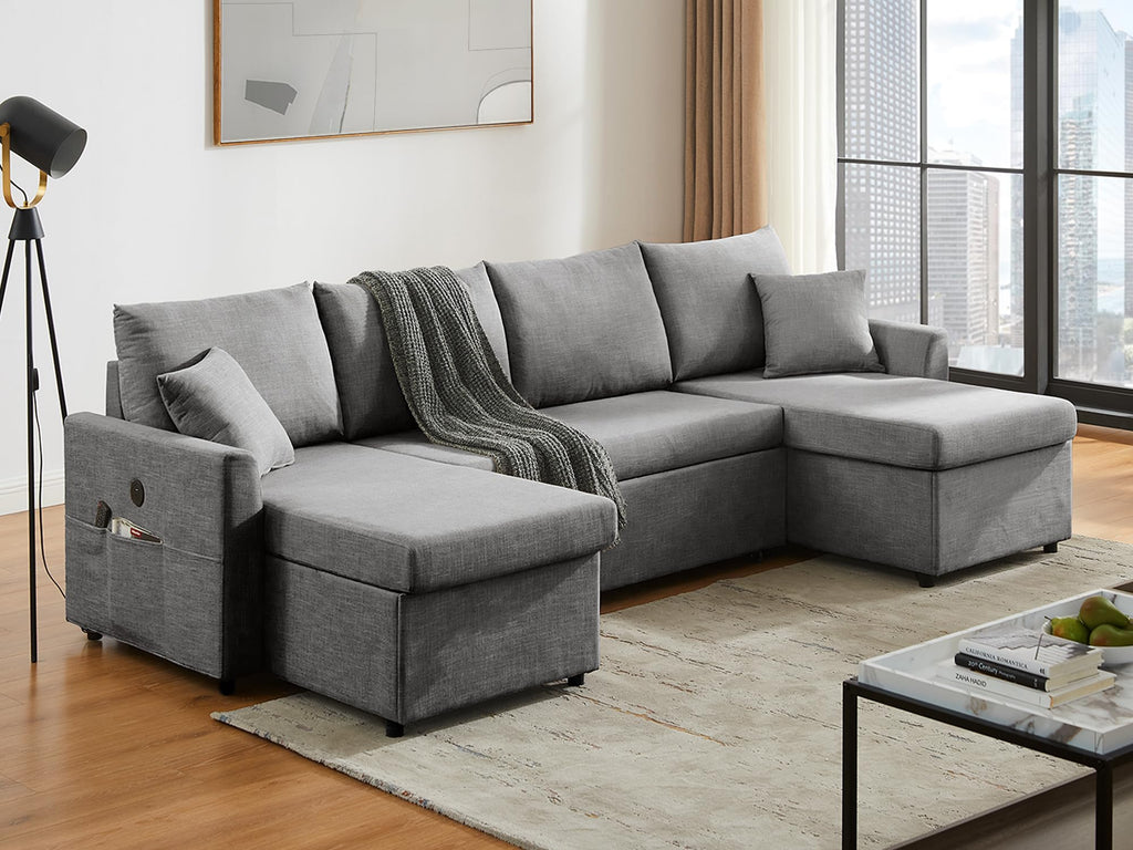 L Shaped Convertible Sleeper Sofa Bed, 84" Sectional Couch for Living Room - Pull Out Bed, Reversible Chaise with Storage, Dual USB-C Charging, Removable & Washable Dark Grey Linen Covers