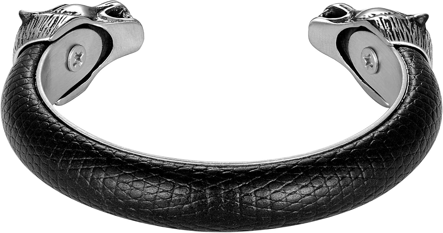 Beastly Stylish Men’s Bracelet – Wolf’s Head Adornment – Black & Polished Silver Color Band – Made of Genuine Leather & Rust Resistant Stainless Steel – Jewelry Gift or Accessory for Men