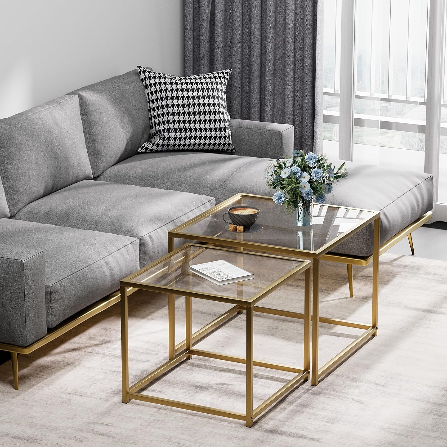 Glass Coffee Table Modern Center Living Room Table,Minimalist Nesting Table Set of 2 for Living Room,Tempered Glass-top with Sturdy Metal Frame, Easy Assembly,Gold