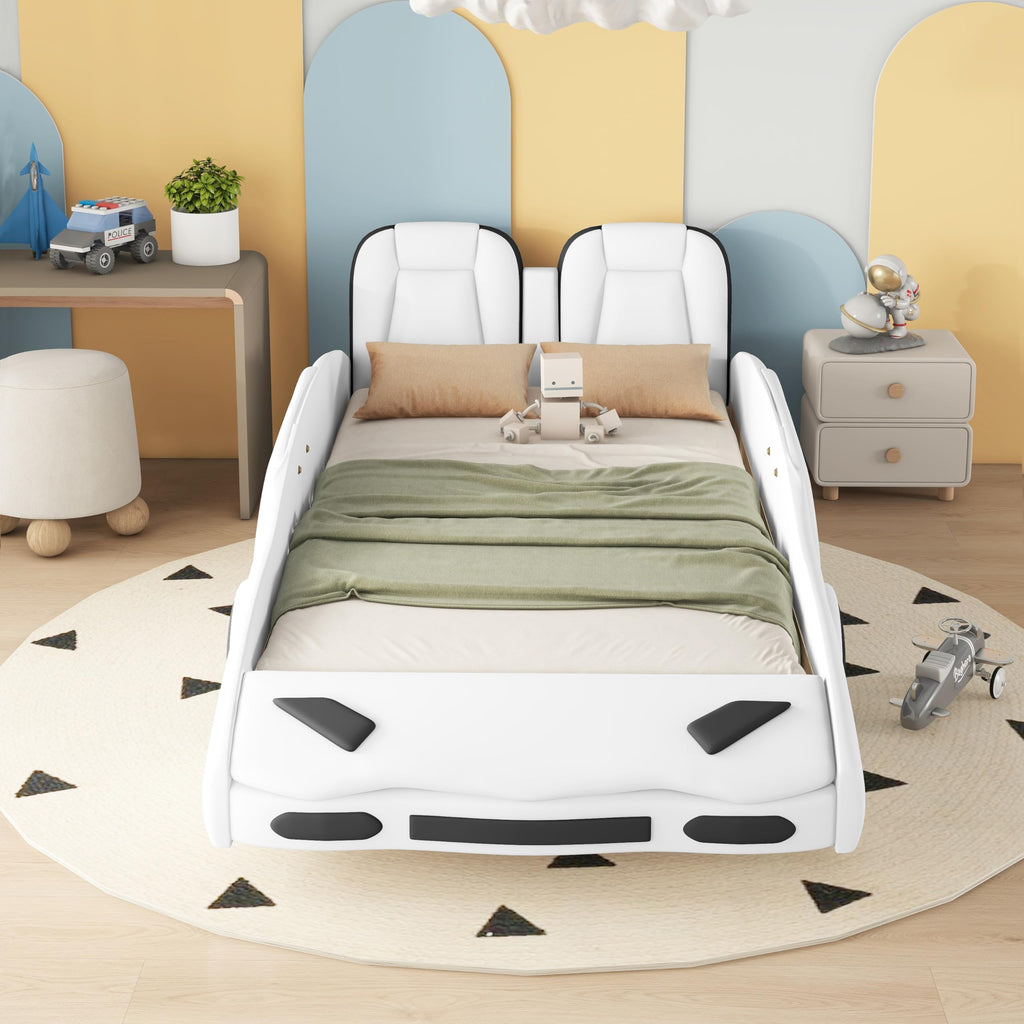 Tweepersoons Autobedd Frame voor Jongens, Raceauto Bed met Wielen, Kinder Tweepersoons Autobed, Raceauto-vormig Kinder Tweepersoons Bed met Veiligheidsbeugel, Wit