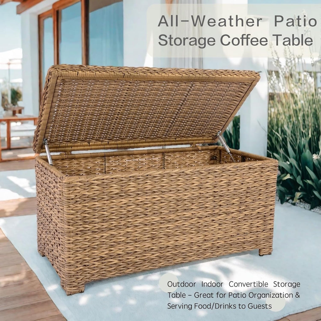 Classic Patio Coffee Table with Storage, Hand-Woven HDPE Rattan Wicker Outdoor Coffee Tables, Tempered Glass Flip-Top, Waterproof for Porch Backyard (40''Wx19''Dx22''H, Light Brown)