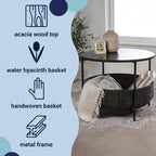 happimess SAT2000B Carly 24.21" Modern Coastal Round Acacia Wood/Water Hyacinth Coffee Table with Storage Basket, Table for Living Room and Bedroom, Black