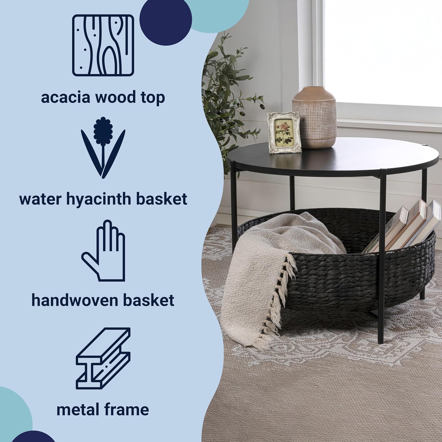 happimess SAT2000B Carly 24.21" Modern Coastal Round Acacia Wood/Water Hyacinth Coffee Table with Storage Basket, Table for Living Room and Bedroom, Black