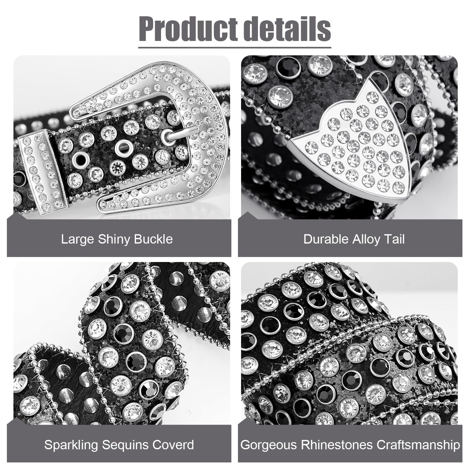 FIORETTO Men Women Rhinestone Belt Bling Shining Diamond Cowgirl Cowboy Western Studded Leather Belt Waist Belt for Jeans Pants Black Silver