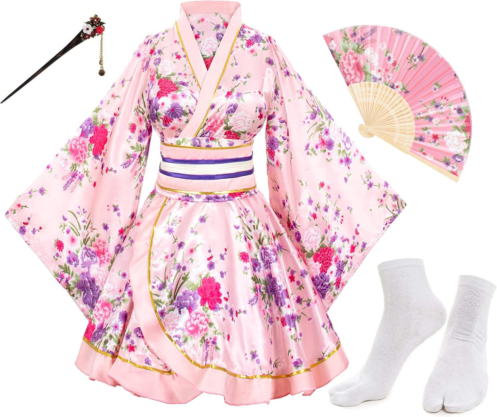 Japanese Anime Women's Dance Kimono Robe Fancy Dress Hand Held Silk Folding Fans Tabi Hairstick Socks Set