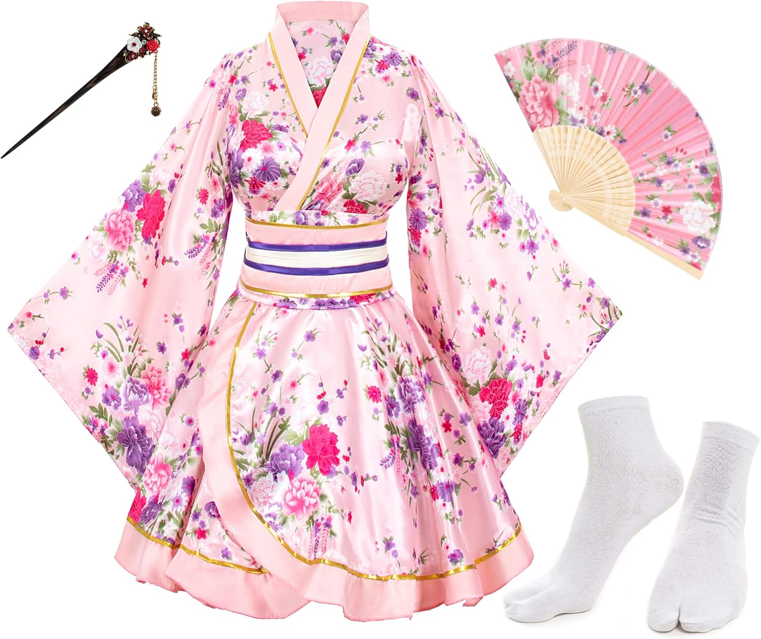 Japanese Anime Women's Dance Kimono Robe Fancy Dress Hand Held Silk Folding Fans Tabi Hairstick Socks Set