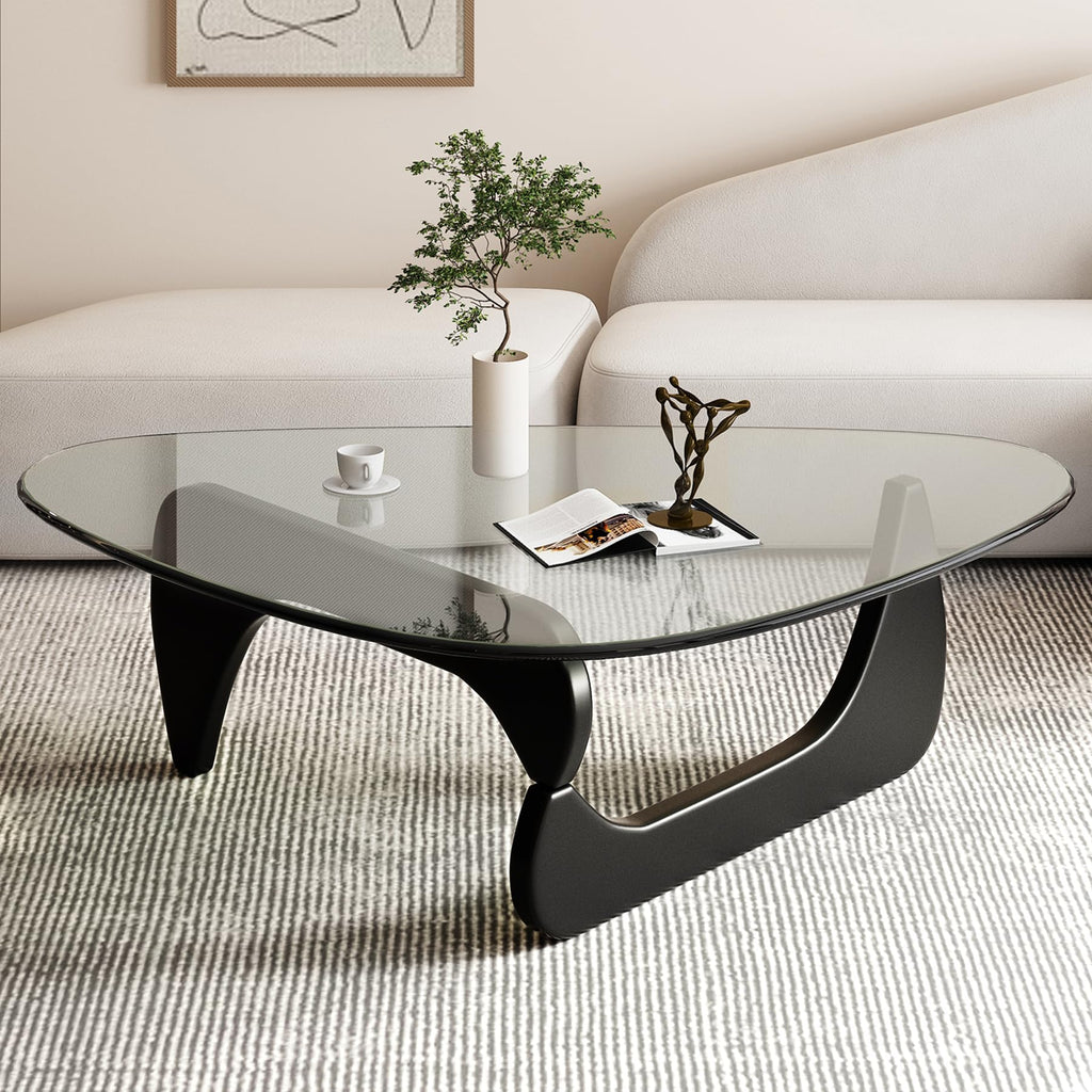 Small Coffee Table Modern Glass Coffee Table, Mid Century Coffee Tables for Living Room, Mesa de Centro para Sala, Rustic Oval Coffee Tables with Glass Top & Wood Base, (Walnut Brown, 31.5in)