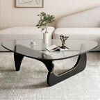 Small Coffee Table Modern Glass Coffee Table, Mid Century Coffee Tables for Living Room, Mesa de Centro para Sala, Rustic Oval Coffee Tables with Glass Top & Wood Base, (Walnut Brown, 31.5in)