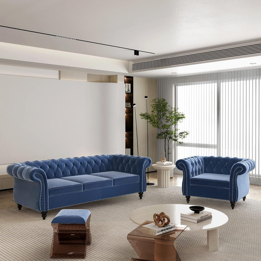 QHITTY 3 Piece Living Room Set, Sectional Chesterfield Sofa Chair Contemporary Upholstered Leather Loveseat Couch Sets for Living Room, Bedroom, Office