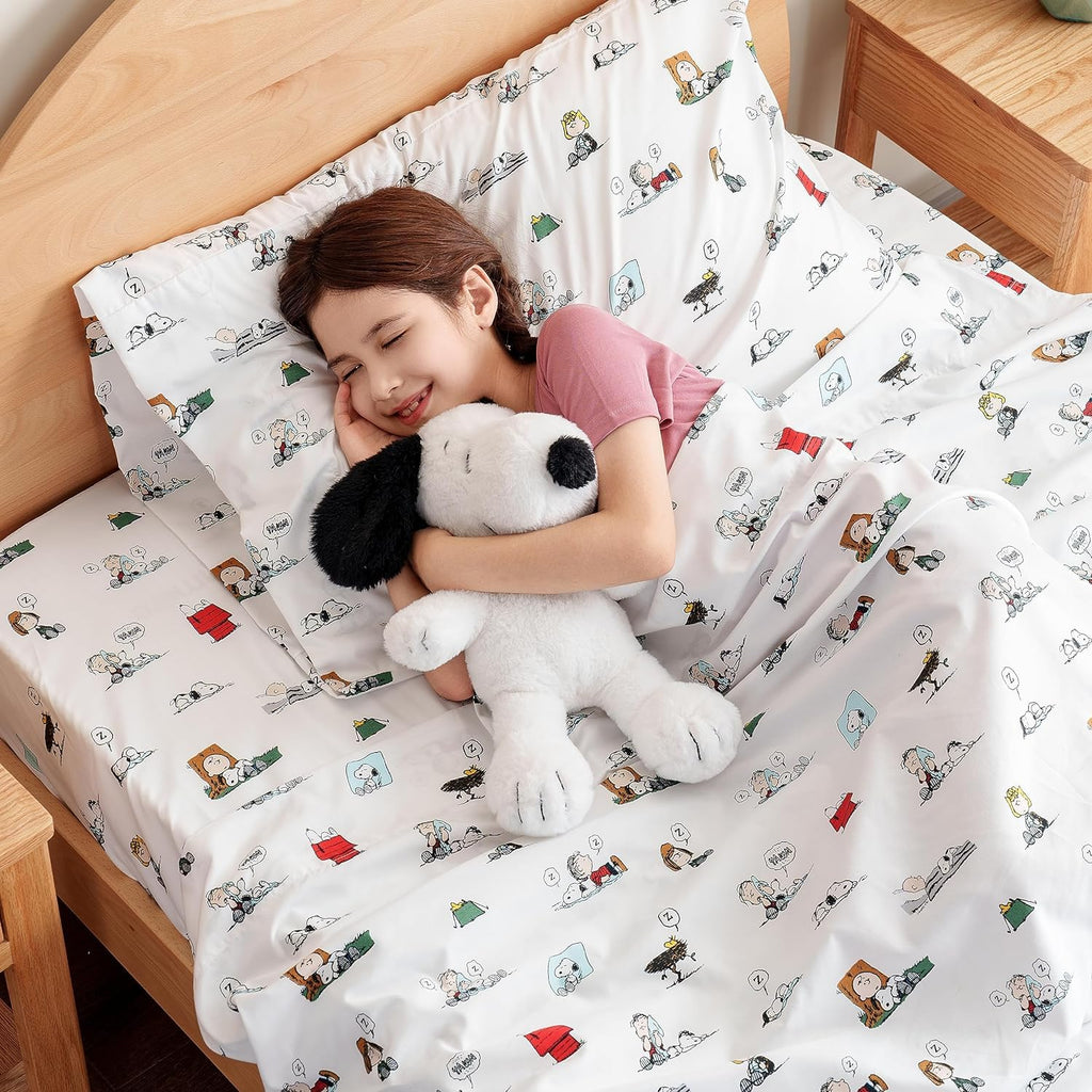 Zestaw pościeli Berkshire Blanket Peanuts® dla dzieci, rozmiar pełny - 4 części, Peanuts® mini pozy i łapy szare, urocze postacie Snoopy nadrukowane na miękkich mikrofibrowych prześcieradłach