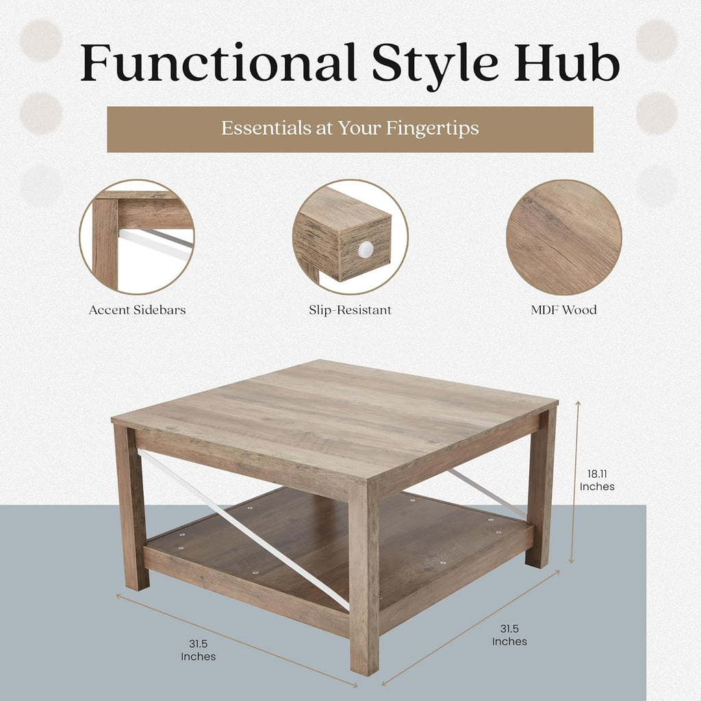 JOMEED 31.5 Inch Square Coffee Table with Bottom Storage Shelf, Modern Farmhouse Style Living Room Office Accent Table Furniture, Beige