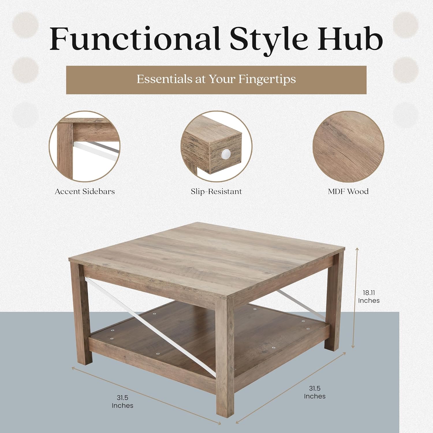 JOMEED 31.5 Inch Square Coffee Table with Bottom Storage Shelf, Modern Farmhouse Style Living Room Office Accent Table Furniture, Beige