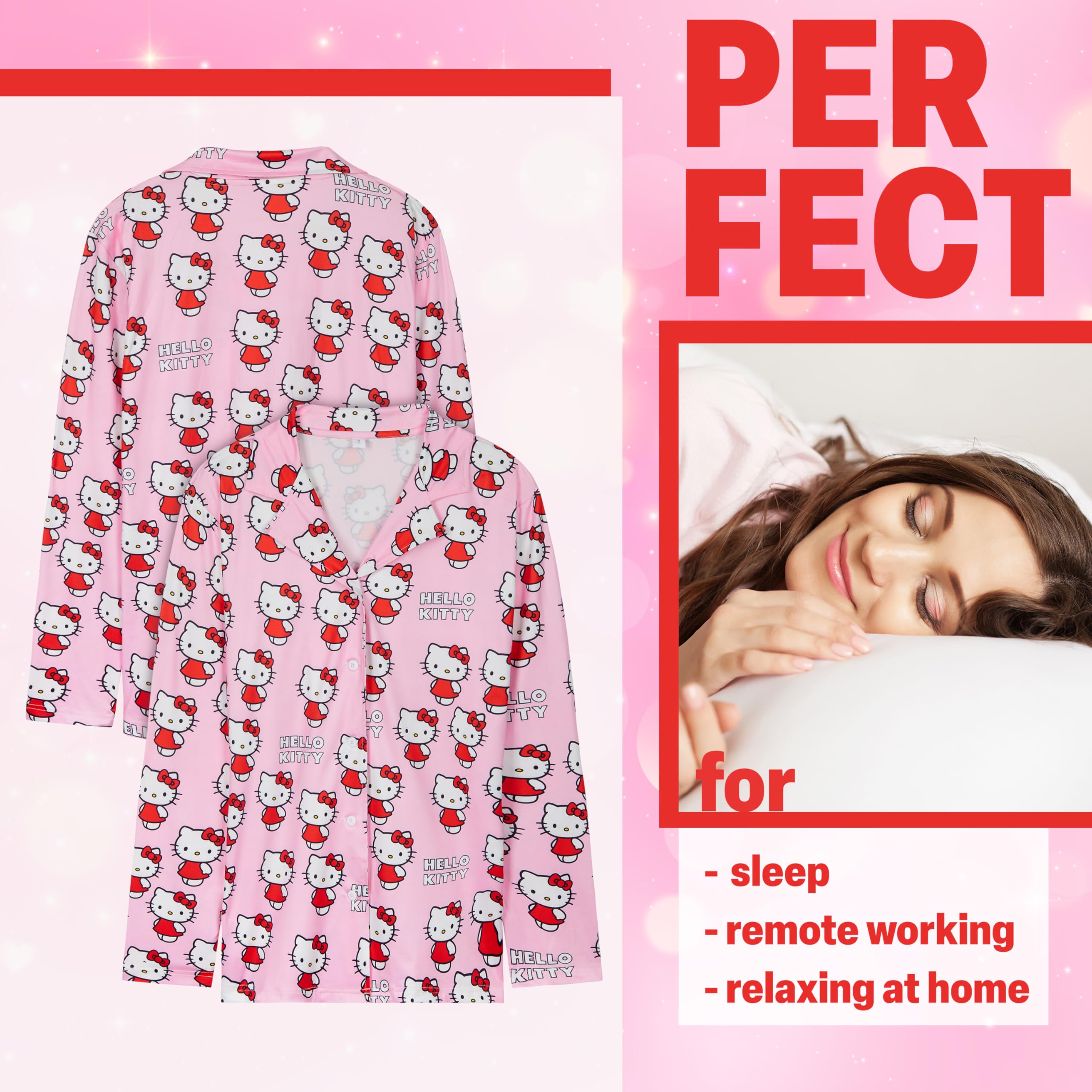 Hello Kitty Pajamas for Women Teens Long PJs Comfy Kawaii Button Down Lounge Set (Pink, XL)