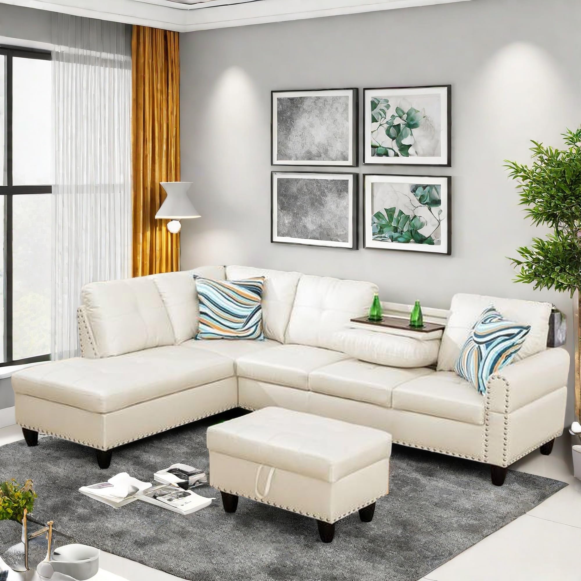 L Shaped Sectional Couches, Modular Sectional Sofa with Ottoman Storage, Nail-Head Design Lounge Sofa with Reversible Cup Holder for Living Room, Bedroom, Gray