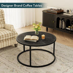 SAYGOER Black Coffee Table Round Marble CoffeeTables for Living Room Modern Small Center Table with Metal Frame, 27.6 * 27.6 * 17.7, Faux Marble