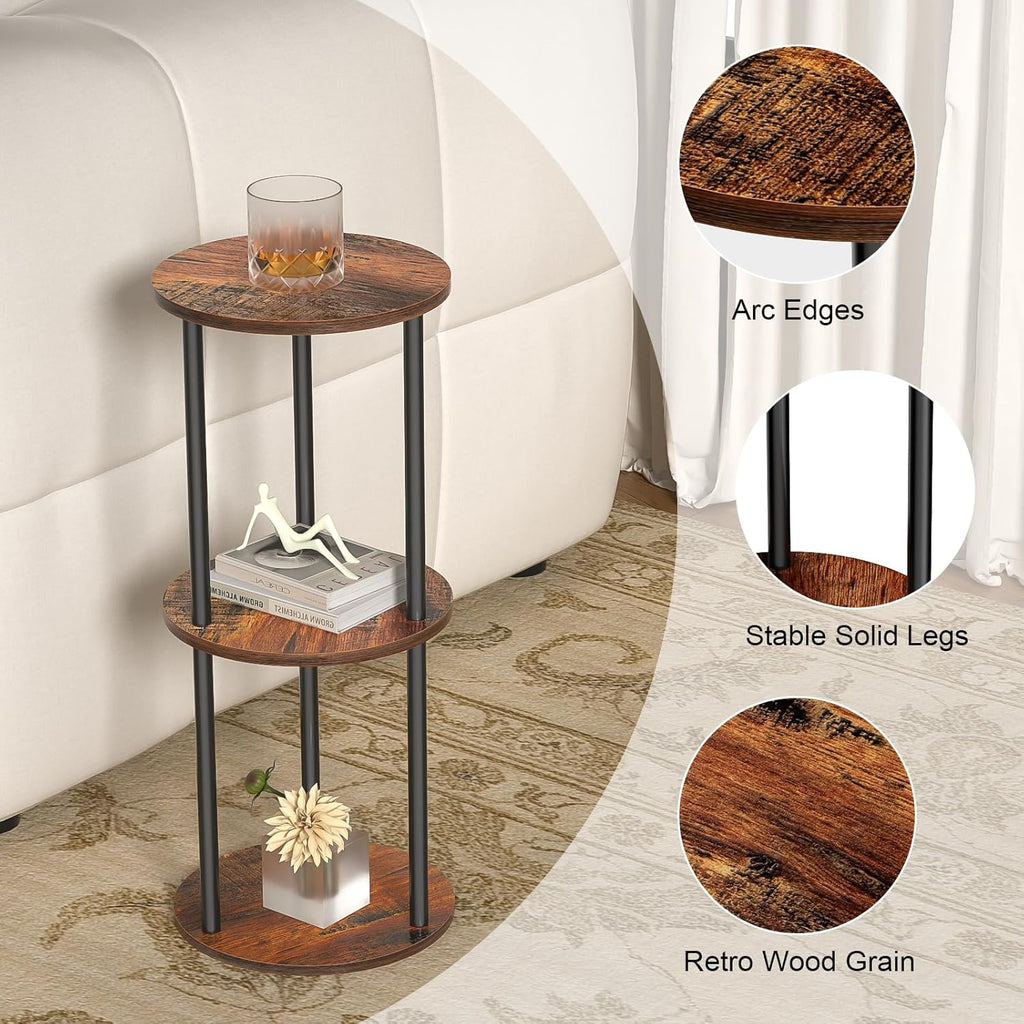 11.8'D Round Drink Table - 3-Tier Small Side Table with Wood Legs, End Table for Small Space, Balcony & Office | Space-Saving, Multi-Functional (Plants, Books, Drinks), Brown