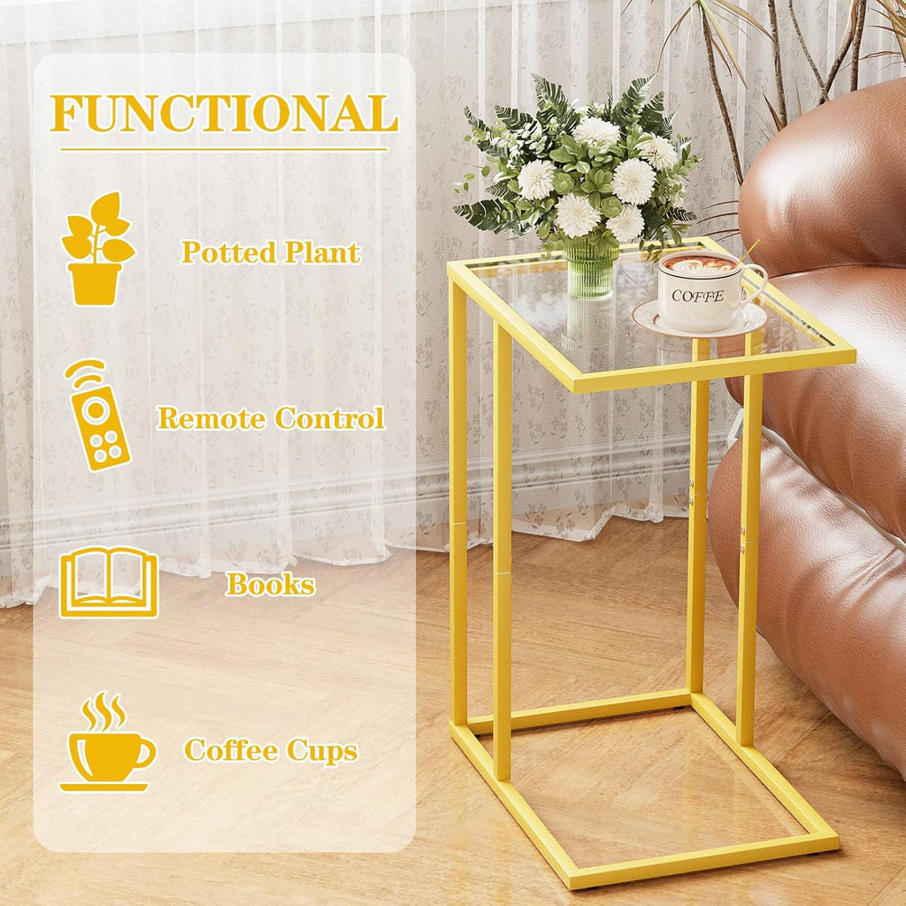 C Table Side End Table, Small C Shaped Table for Sofa,Glass Couch Sofa Tray Snack Table for Living Room, Bedroom,TV Tray Table for Small Space,Accent Coffee Table,Nightstand with Metal Frame(Yellow)
