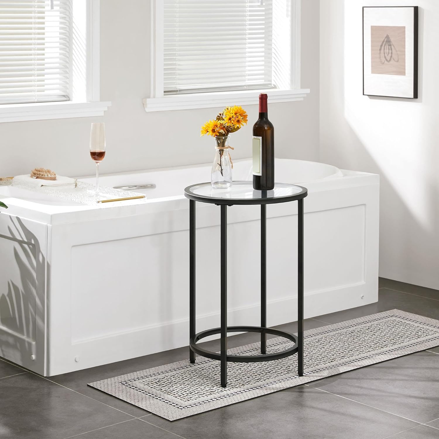 Yaheetech Glass End Table, Round Side Table, Small Coffee Accent Table Nightstand w/Glass Top & Metal Frame for Living Room/Balcony/Bedroom/Porch/Small Space, Modern Style, Black