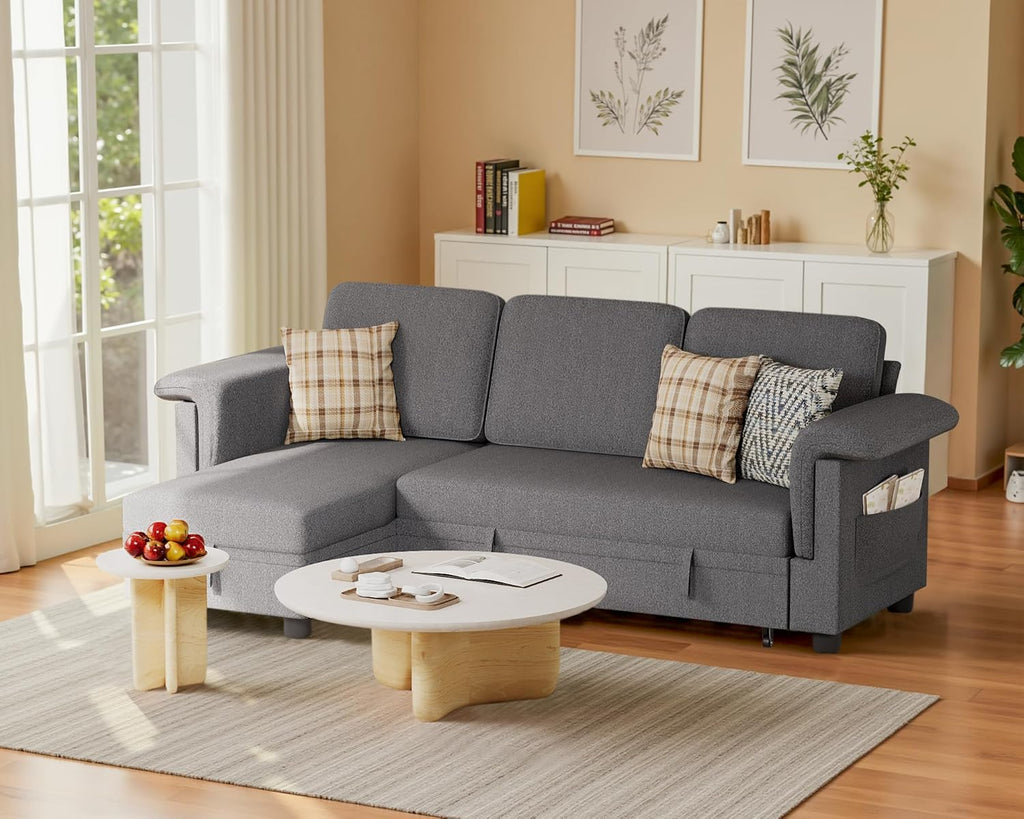 Homall Sleeper Sofa, Pull Out Sofa Couch Bed with Storage Reversible Chaise, L-Shaped Sofas with Side Pocket for Living Room, Small Space (Linen Fabric, Dark Grey)