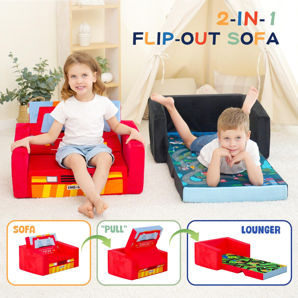 MallBest Kinder Sofas Kindersofa Baby Polstersofa Schlafsofa Übernachtungsstuhl Klappbarer Liegesessel (Rot/Feuerwehr)