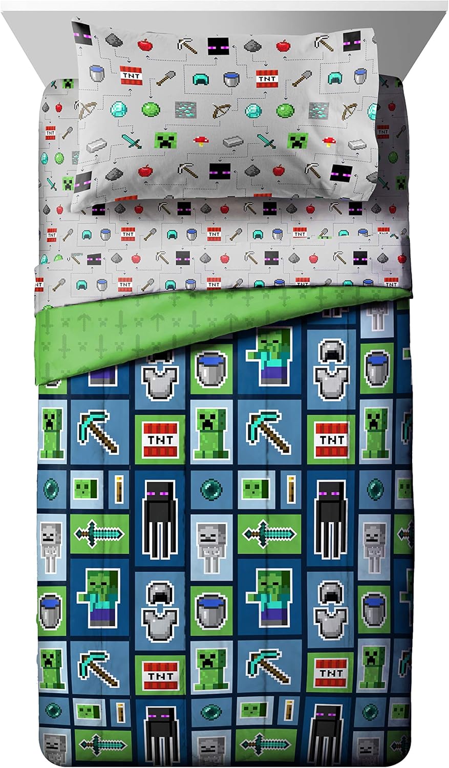 Jay Franco Minecraft Monster Hunters 4 Piece Twin Bed Set - Includes Reversible Comforter & Sheet Set - Bedding Features Creeper - Super Soft Fade Resistant Microfiber (Official Minecraft Product)