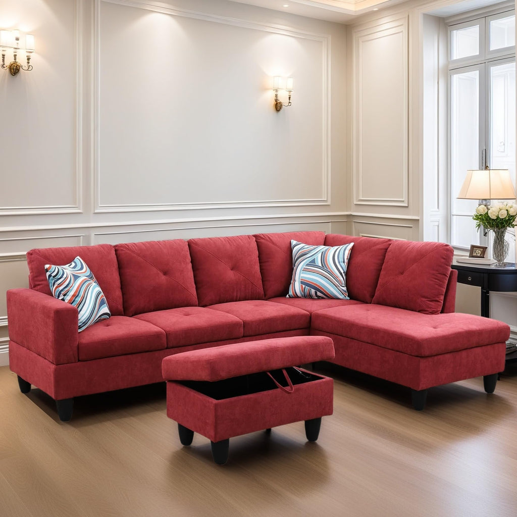 Leather Sectional Couch, Modern L Shaped Couches for Living Room, Comfy 4 Seat Modular Sectional Sofa with Ottoman Storage for Bedroom Apartment, Black