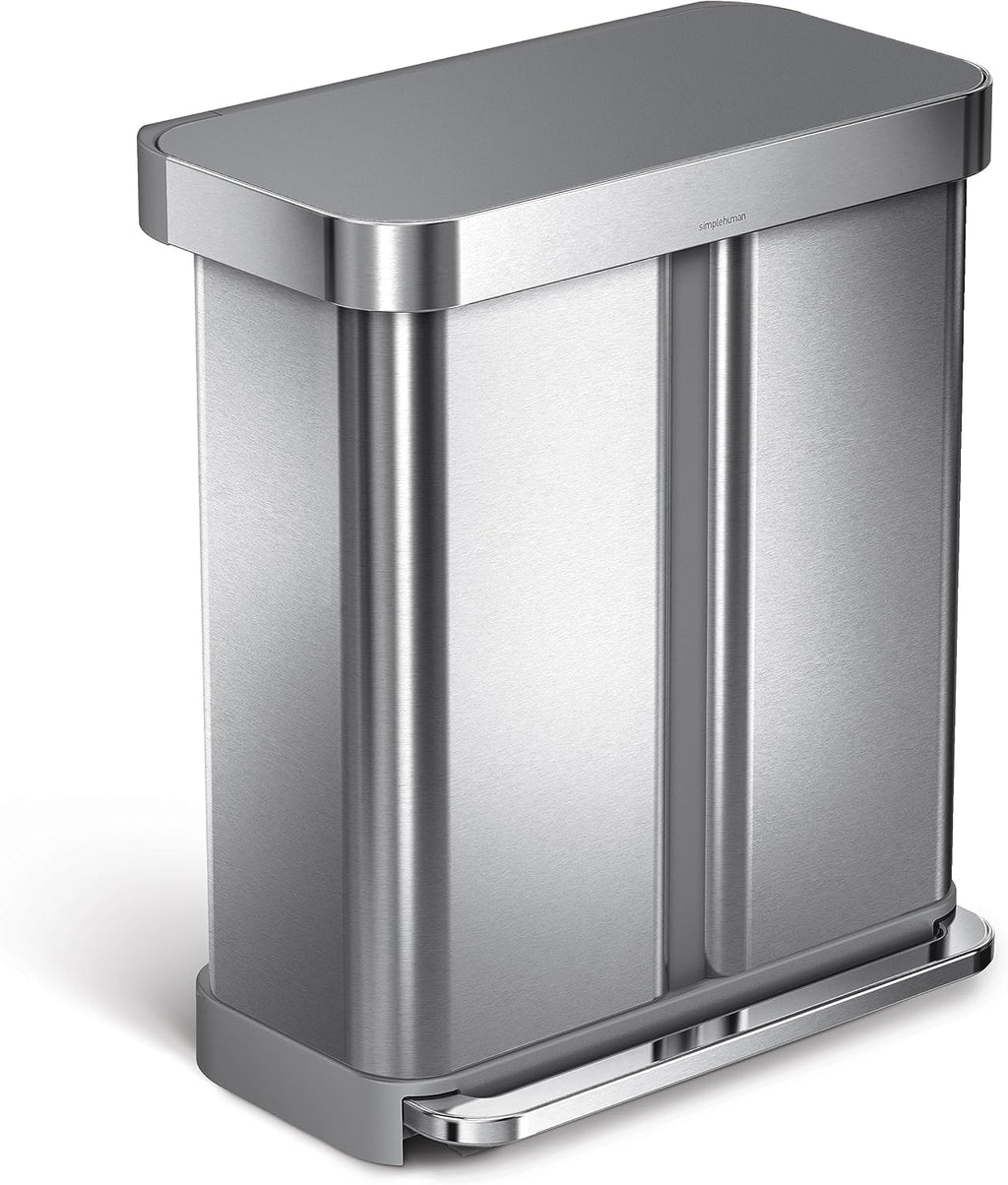 simplehuman 58 Liter / 15.3 Gallon Rectangular Dual Compartment Recycling Step, Brushed Stainless Steel with Soft-Close Plastic Lid Kitchen Trash Can