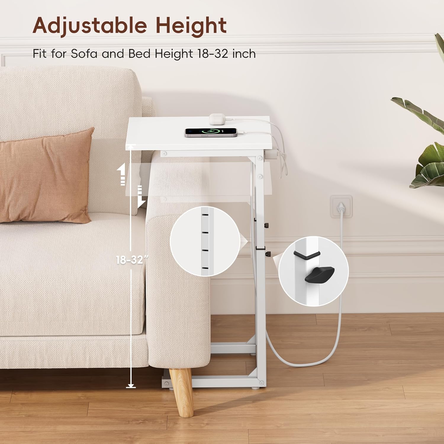 Vagusicc C Shaped End Table with Charging Station, 33" Tall Side Table for Couch, Sofa Table Adjustable Height Couch Side Table Coffee Table, Slide Under Sofa TV Tray C Table for Living Room, White