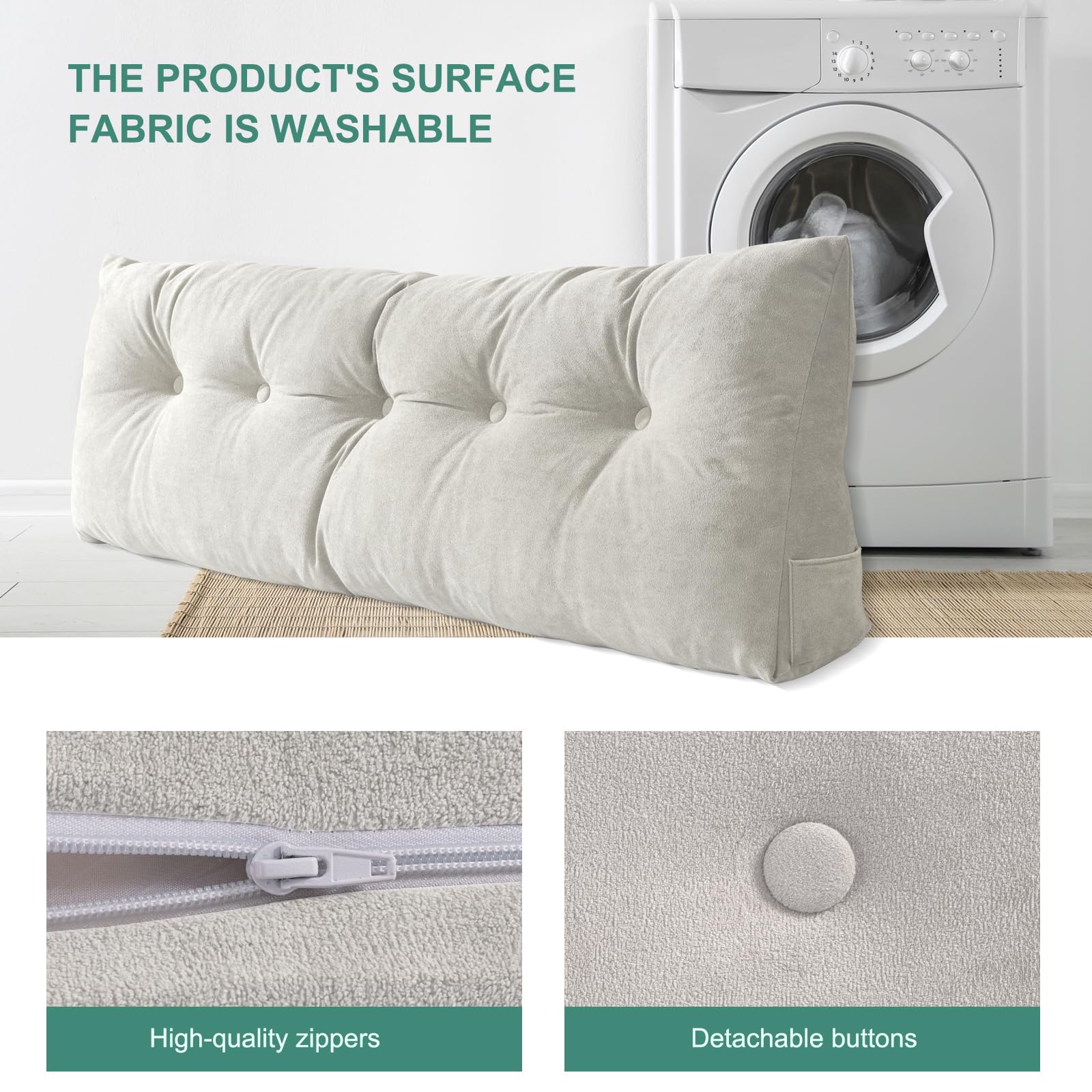 Lukace Premium kilepude hovedgærde med aftageligt betræk - trekantet læsestøtte ryglæn til seng med sidelommer, perfekt til læsning og TV (beige enkeltsengsstørrelse, 39x8x20 tommer)