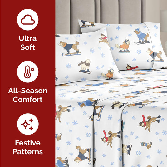 King Christmas Tree Sheet Set - Holiday Xmas Pattern Linen Set - Deep Pockets - Snug Fit - 4 Piece - Wrinkle Free - Comfy & Cooling Festive Winter Bedding - Easy To Care For - Kid Friendly