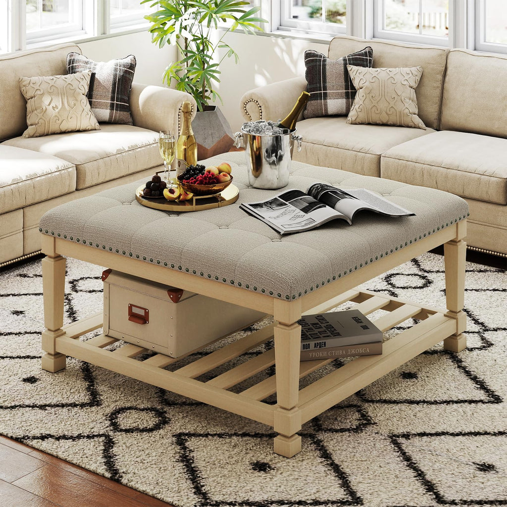 Large Square Ottoman Coffee Table, Linen Solid Upholstered Footrest Ottoman with Solid Wood Shelf Storage Tufted Coffee Table for Bedroom Living Room-Ivory