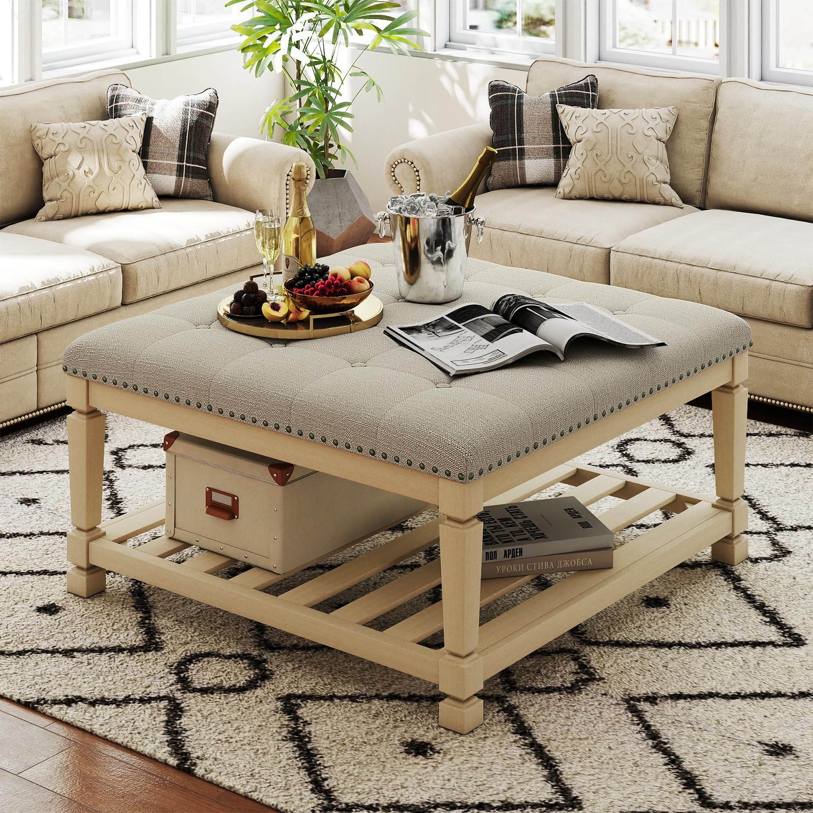 Large Square Ottoman Coffee Table, Linen Solid Upholstered Footrest Ottoman with Solid Wood Shelf Storage Tufted Coffee Table for Bedroom Living Room-Ivory