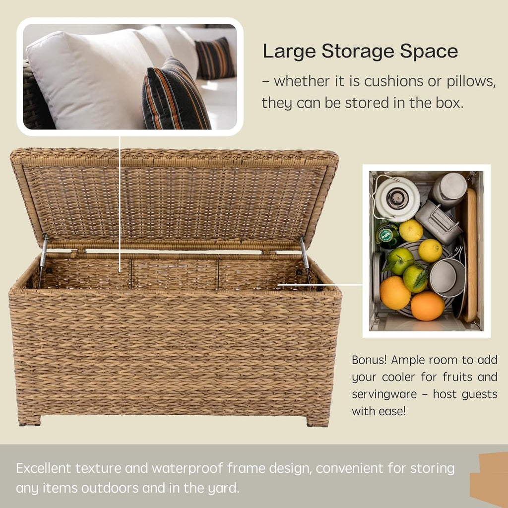 Classic Patio Coffee Table with Storage, Hand-Woven HDPE Rattan Wicker Outdoor Coffee Tables, Tempered Glass Flip-Top, Waterproof for Porch Backyard (40''Wx19''Dx22''H, Light Brown)