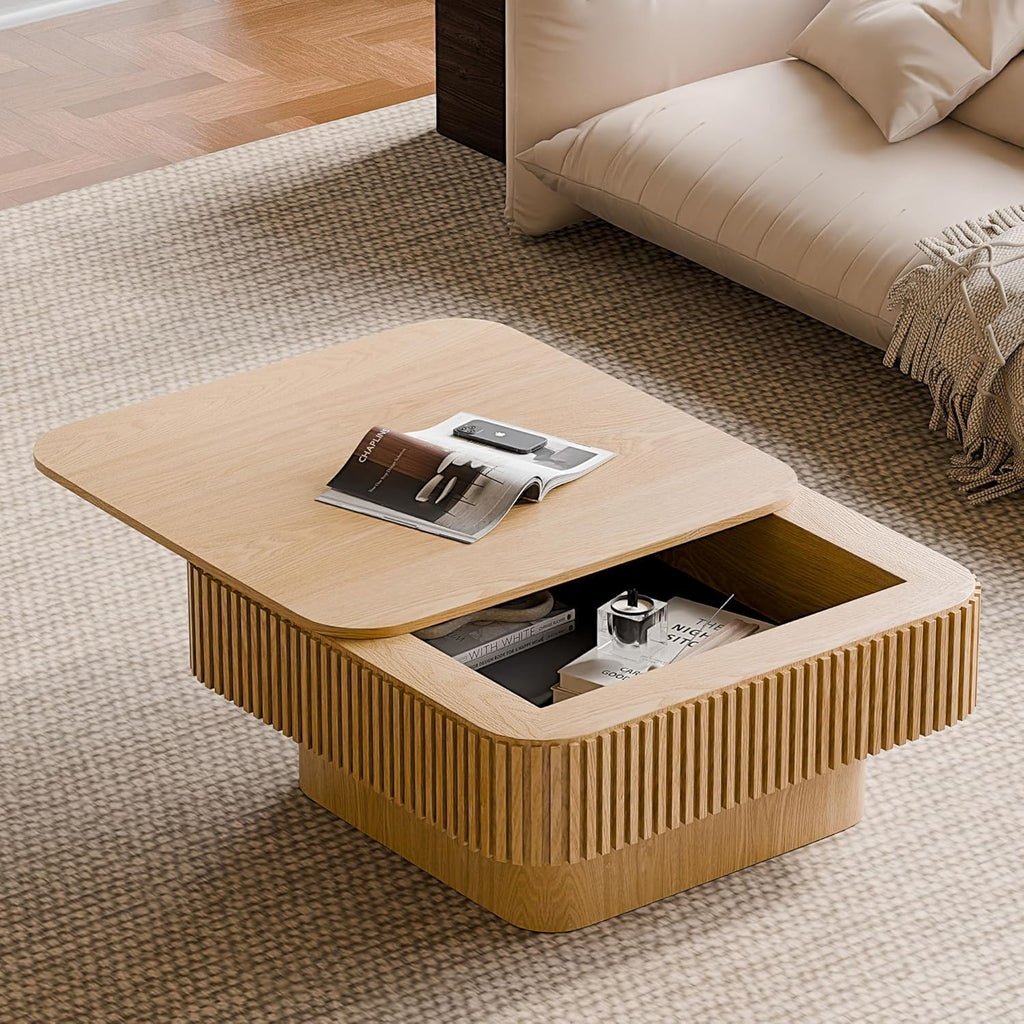 Lift Top Coffee Table with Storage for Living Room Mid Century Modern Coffee Table with Lifting Top Wood Fluted Coffee Tables with Lifts Up Tabletop for Home Apartment Office 38.6" Walnut Rectangle