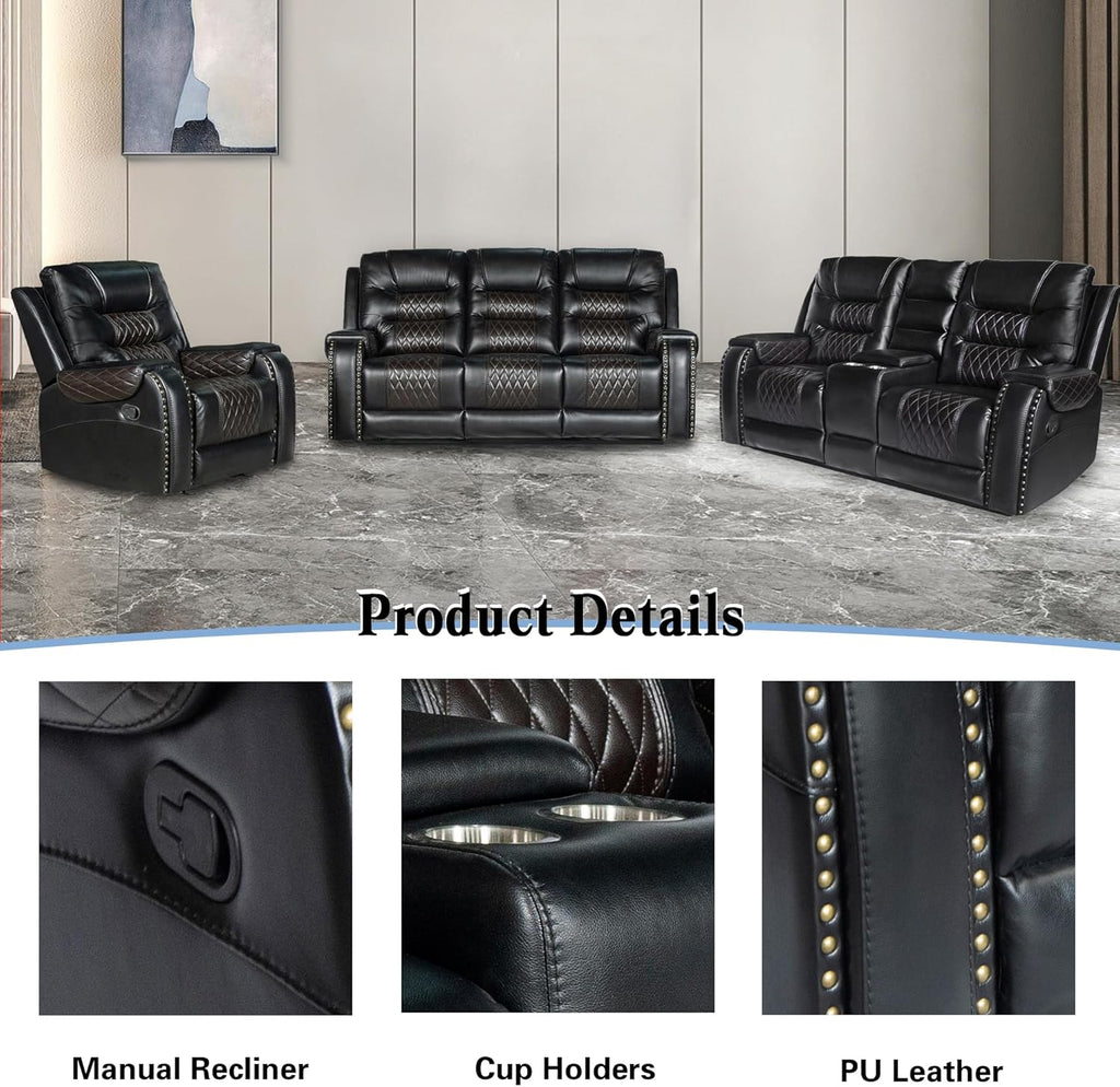 PU Leather Sofa Set, 3 Pieces Living Room Set with Cup Holders, Manual Recliner Sofa &Loveseat & Chair, Black