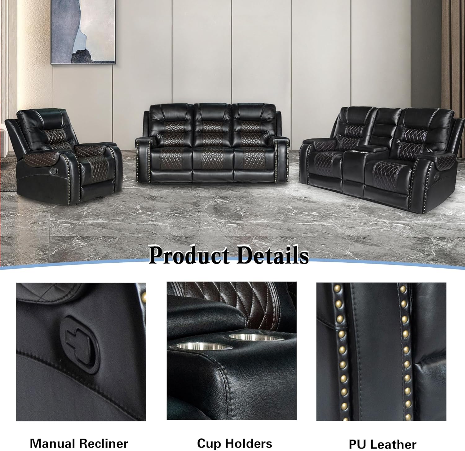 PU Leather Sofa Set, 3 Pieces Living Room Set with Cup Holders, Manual Recliner Sofa &Loveseat & Chair, Black