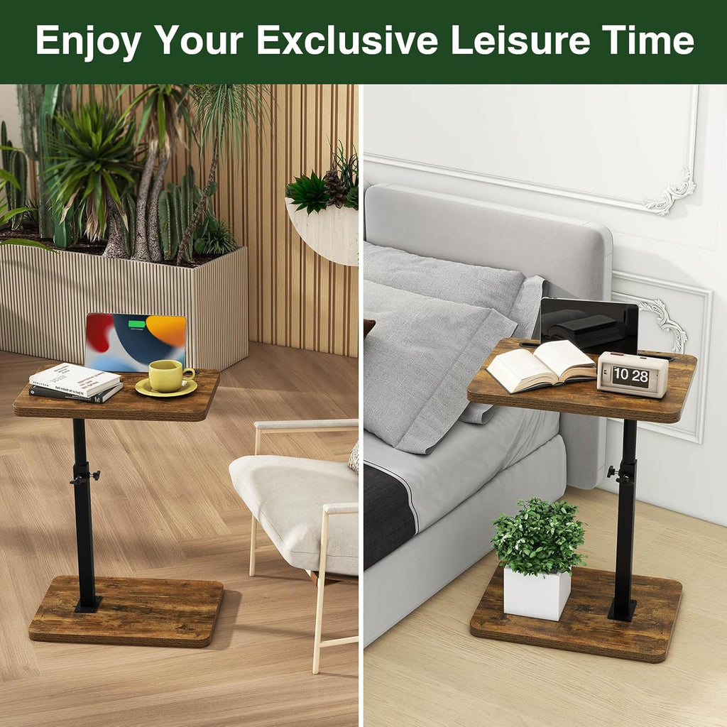 IBUYKE C Shaped Side Table, 360° Swivel Height Adjustable End Table for Small Spaces, with Phone & Tablet Slot, Modern Small Coffee Snack Table for Sofa/Bed, Retro Brown UTVT003H