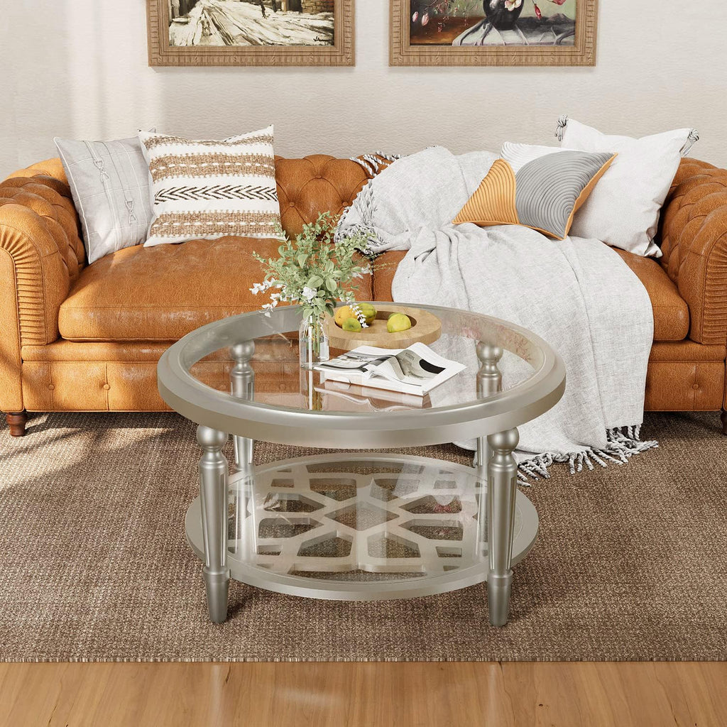 COSIEST Glass Coffee Table, 32" Round Coffee Tables with Storage, 2-Tier Glass Top, Clear Coffee Table, Simple & Modern Center Table for Living Room or Home Office (Champagne)