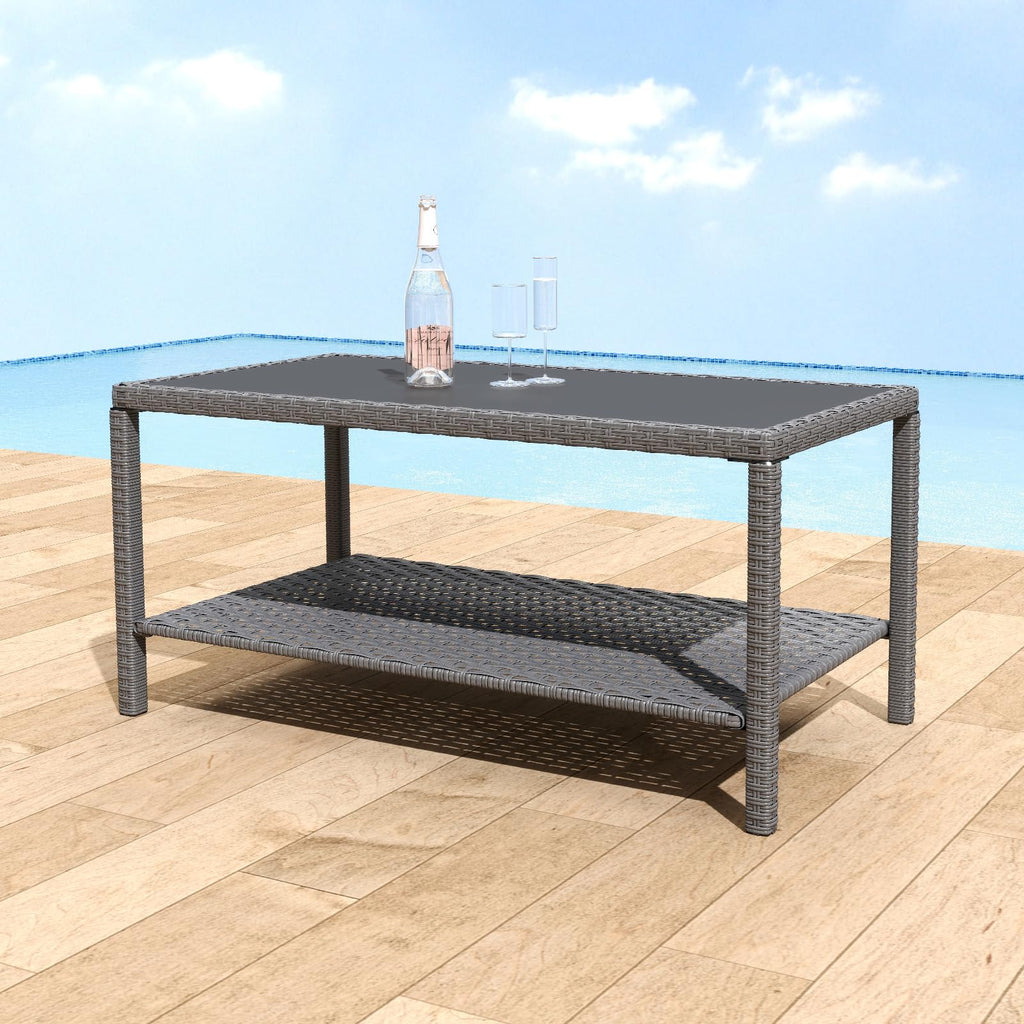 Helios&Hestia Square All Weather Rattan Wicker Outdoor Coffee Side End Table with Glass Top for Patio, Deck, Backyard, Garden, Grey