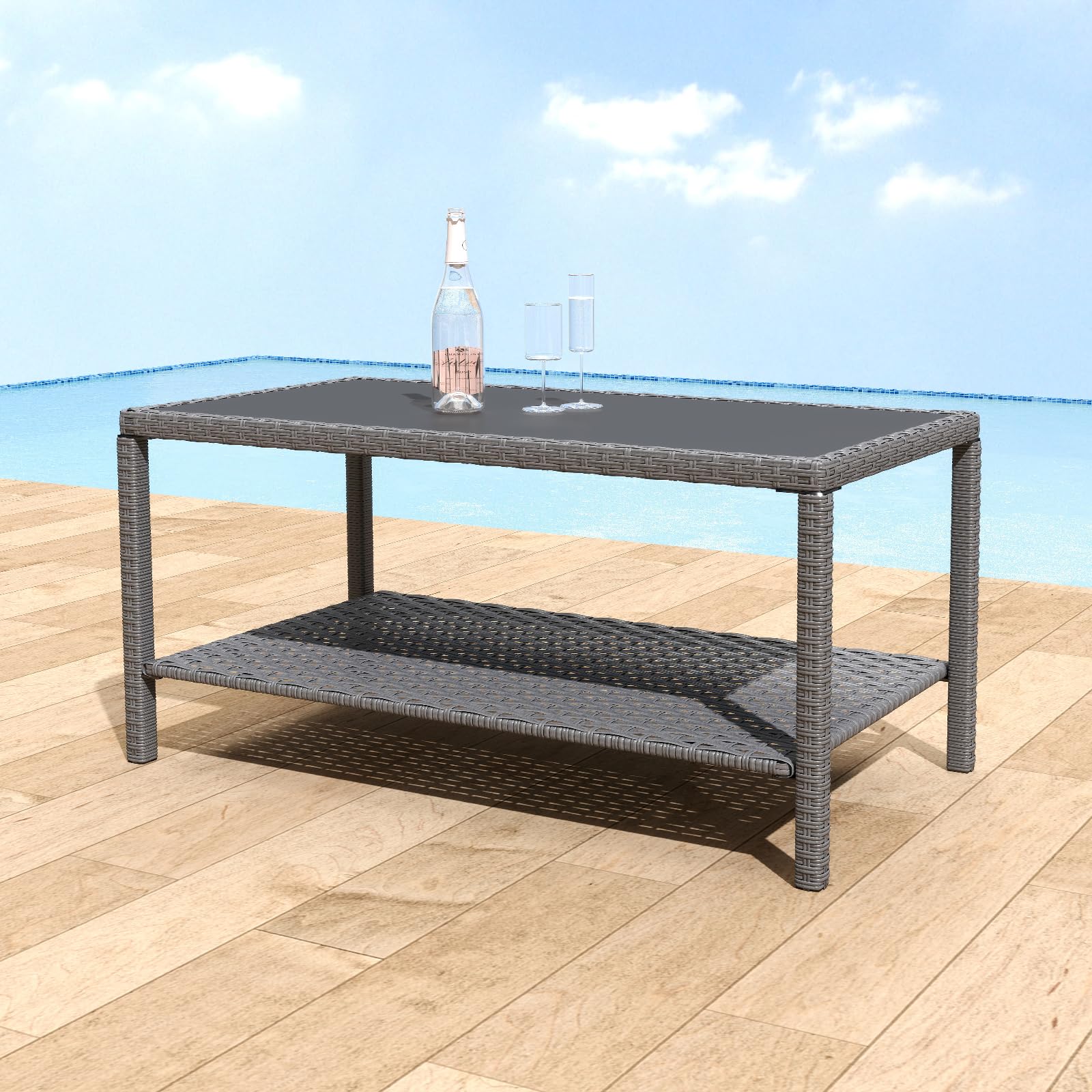 Helios&Hestia Square All Weather Rattan Wicker Outdoor Coffee Side End Table with Glass Top for Patio, Deck, Backyard, Garden, Grey