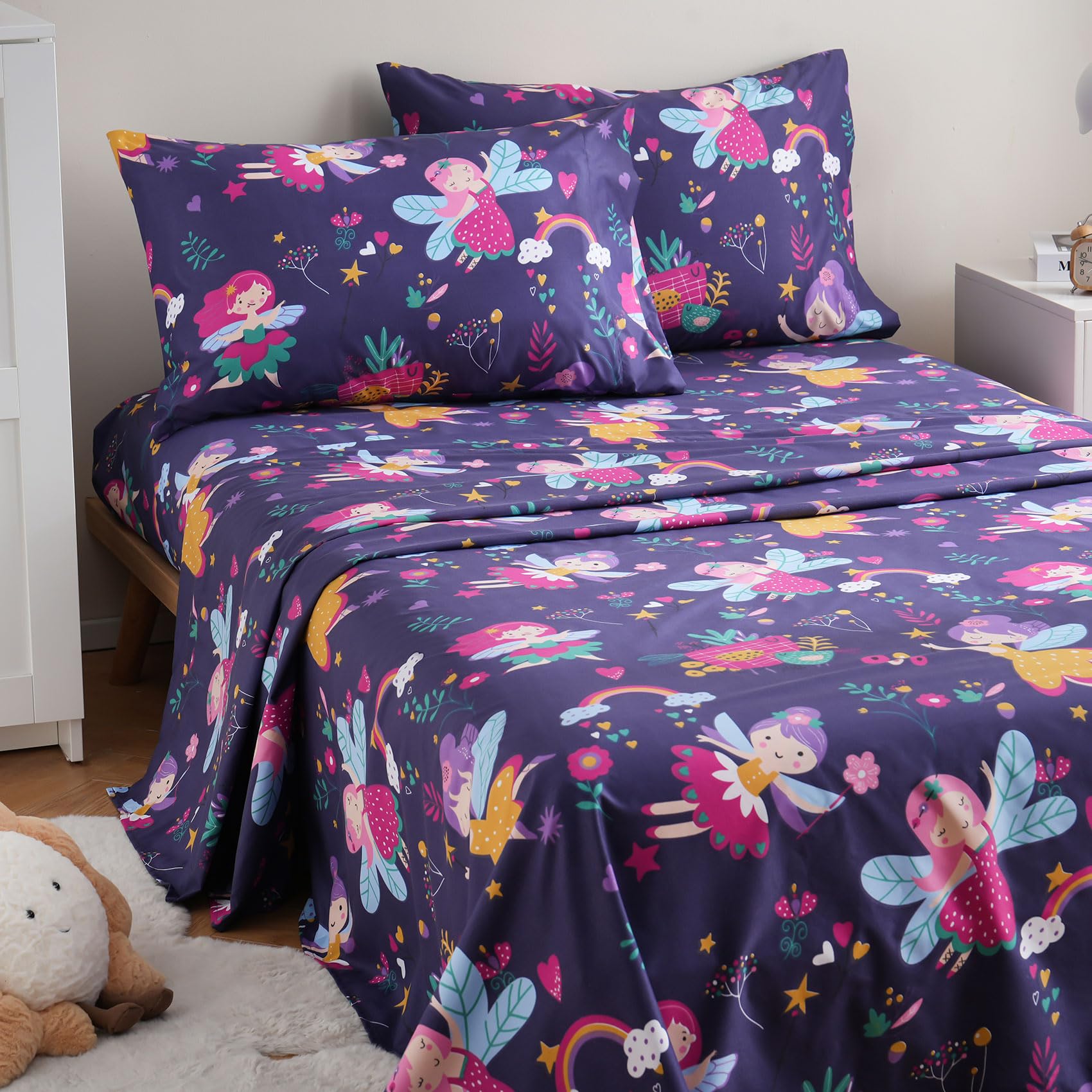 ست ملحفه کودکان یونیکورن صورتی JSD، سایز تویین، ۳ تکه، ملحفه‌های رختخواب میکروفایبر چاپ شده با طرح رنگین کمان برای دختران، جیب عمیق