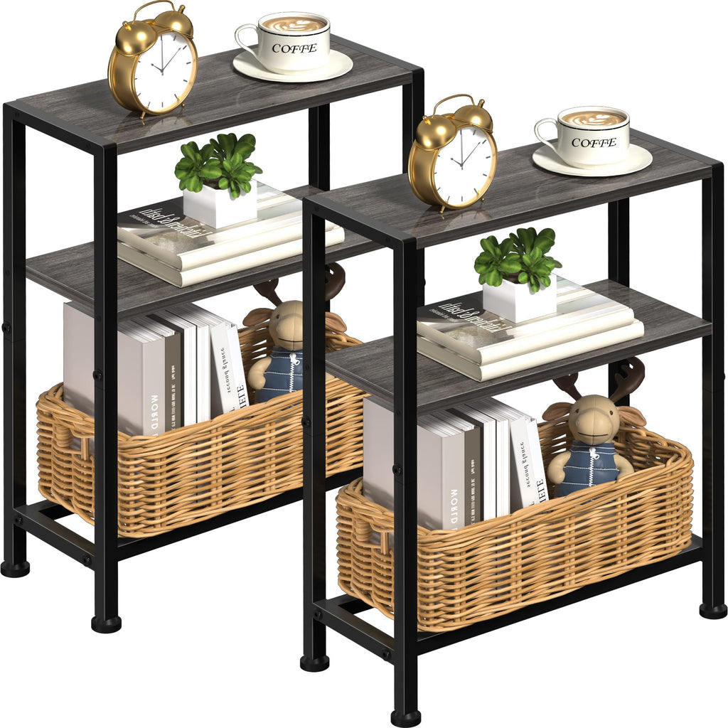 Narrow Side Table for Small Space, 2-Tier Small End Table with Shelf Holder, Slim Nightstand, Skinny Snack Couch Table in Living Room, Bedroom, Study, Kitchen and Balcony (Rustic Brown &Black)