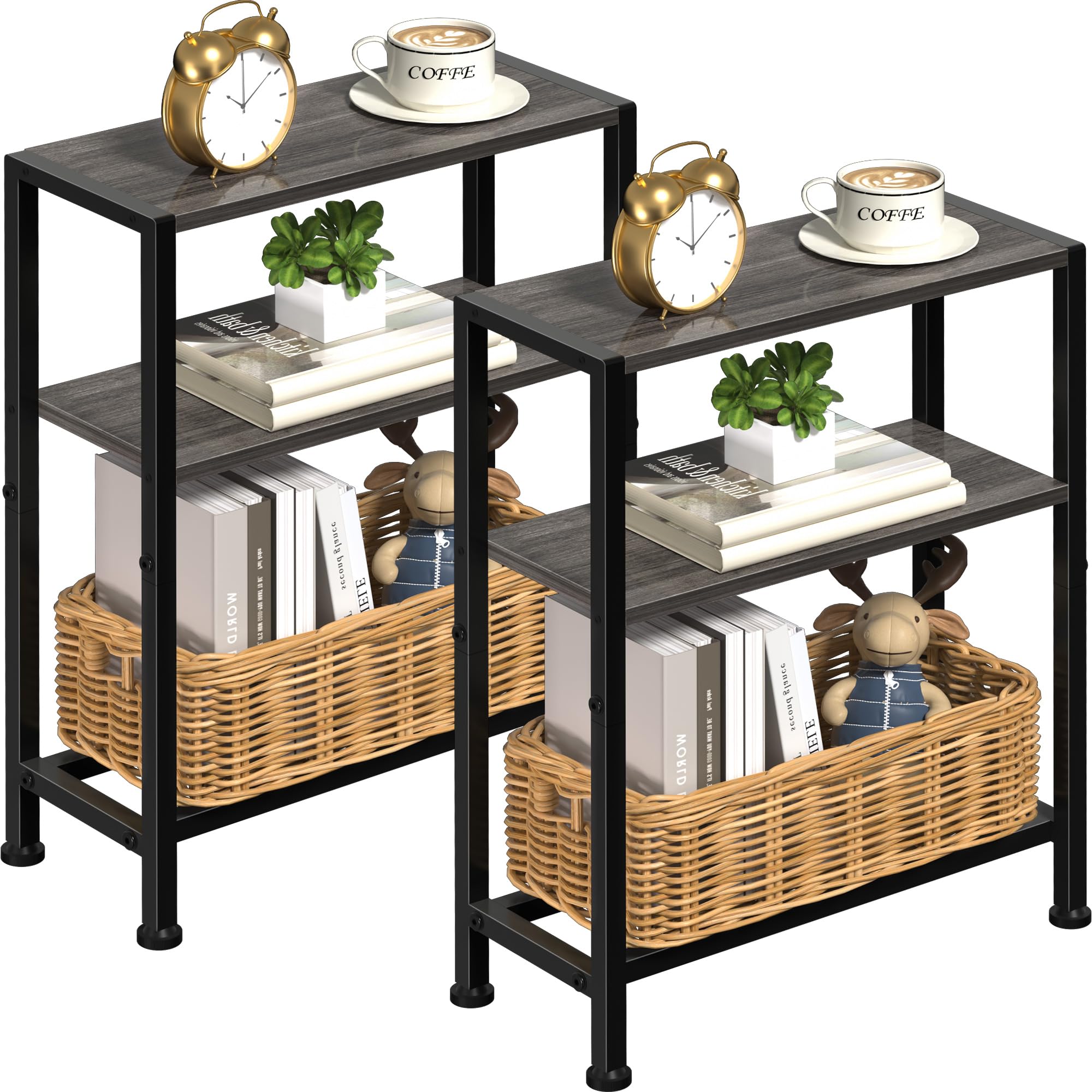 Narrow Side Table for Small Space, 2-Tier Small End Table with Shelf Holder, Slim Nightstand, Skinny Snack Couch Table in Living Room, Bedroom, Study, Kitchen and Balcony (Rustic Brown &Black)