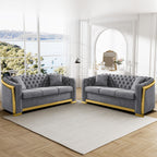 Mid Century Modern Chesterfield Sofa Couch, 81" Velvet Couch White and Gold Sofa Luxury Curved Loveseat for Living Room, 3 Seat Tufted Sofas with 2 Pillows & Classic Gold Legs, Beige White