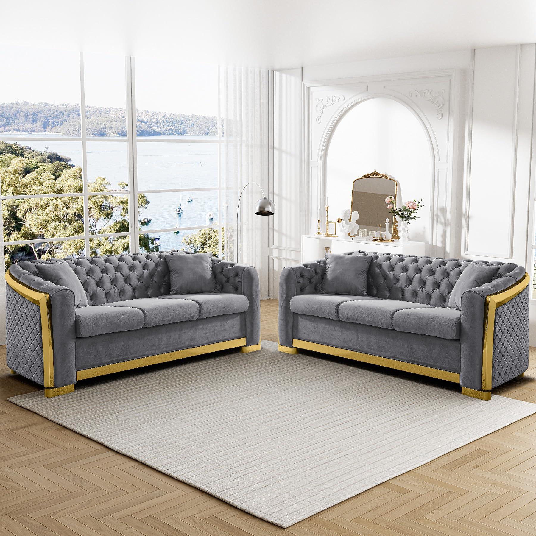 Mid Century Modern Chesterfield Sofa Couch, 81" Velvet Couch White and Gold Sofa Luxury Curved Loveseat for Living Room, 3 Seat Tufted Sofas with 2 Pillows & Classic Gold Legs, Beige White