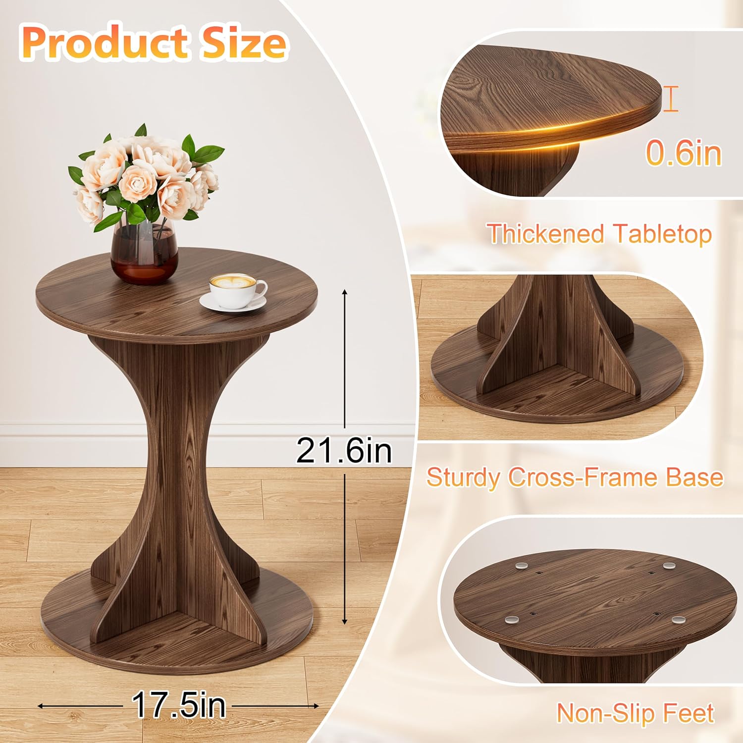 Small Round Side End Table - Wood Accent Coffee Table for Living Room, Modern Circle Nightstand with Pedestal for Small Spaces Bedroom Sofa, Vintage Corner Couch Bedside Table (Rustic Brown)