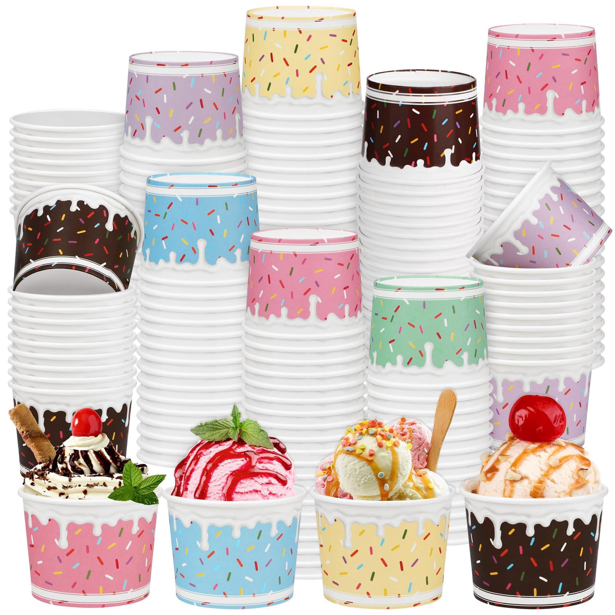 Aodaer 300 Pack Ice Cream Cups 8oz Sprinkles Paper Ice Cream Bowls 6 Color Disposable Snack Bowls Party Supplies Treat Cups for Sundae, Frozen Yogurt, Dessert