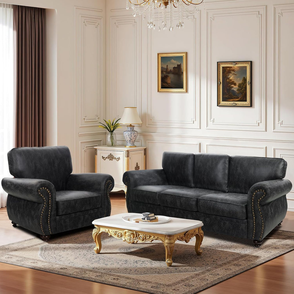 Mid-Century Vintage Sofa Couches with Rivet Design,loveseat Sofa,Removable Sofa Cover Upholstered Cushions and Solid Wood Frame (Grey, 3-Seater)