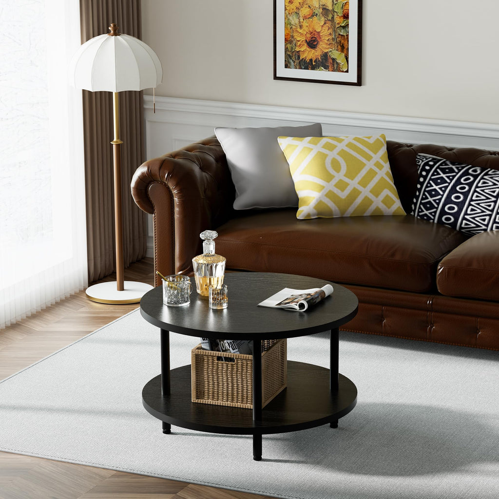 Round Coffee Table, Small Coffee Tables for Living Room, Wood Coffee Table with Metal Frame, Floor Table Desk for Sitting on The Floor, Home, Office, Farmhouse, Rustic Brown (23.6"D x 17.7"H)