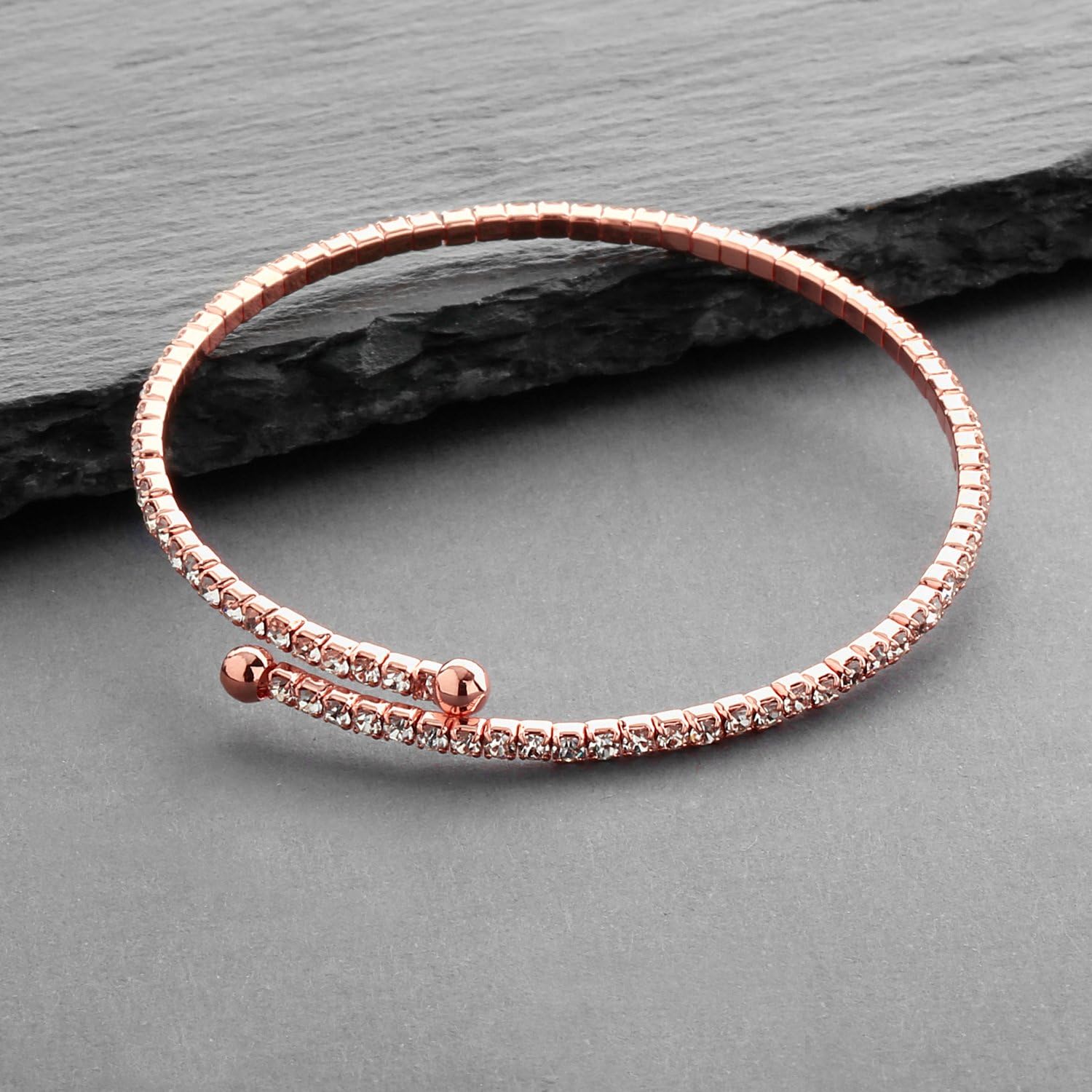 Mariell Rose Gold Crystal Rhinestone Cuff Bridal Bracelet, 1-Row Fashion Bangle for Weddings and Prom
